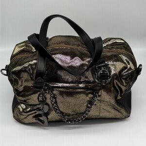 Coveri 1975 Metallic Duffel Tote Bag|Gunmetal Bronze Shimmer w/ Chain Detail Y2K